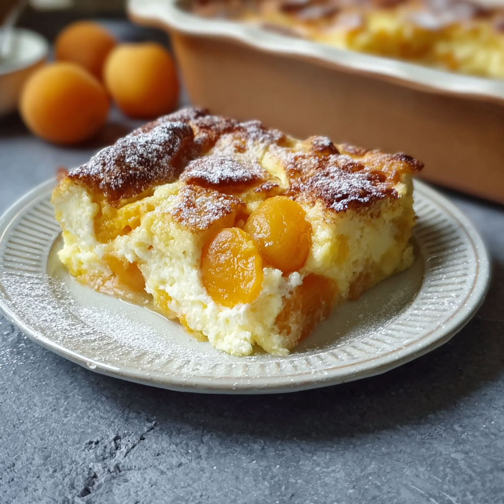 A slice of cake with peaches on top.