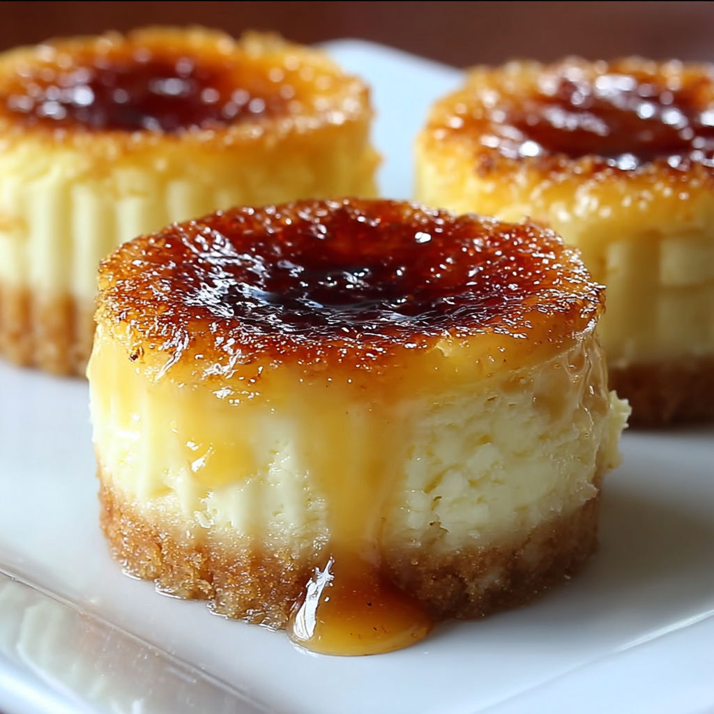 Three mini crème brûlée käsekuchen on a white plate.
