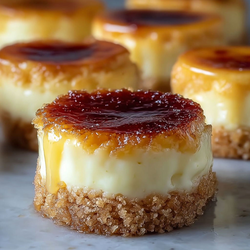 A close up of a mini crème brûlée käsekuchen.