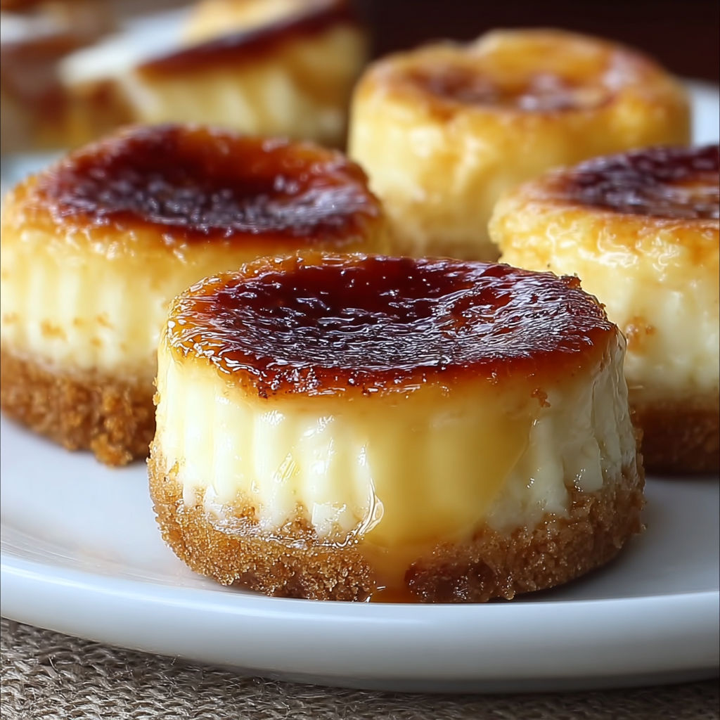 A plate of mini crème brûlée käsekuchen.