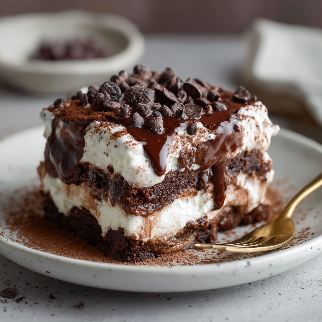 A slice of chocolate lasagna with chocolate drizzle.