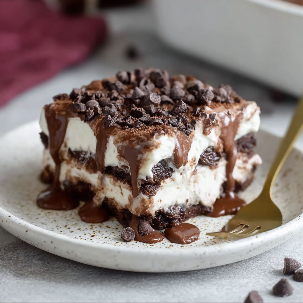 A chocolate dessert with chocolate chips on top.