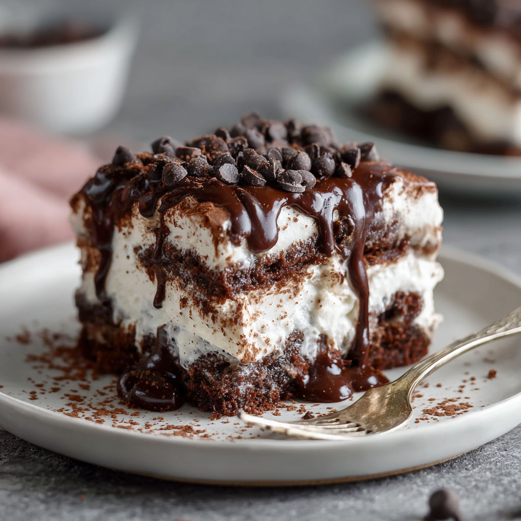 A slice of chocolate cake with chocolate drizzle.