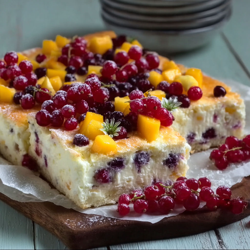 A slice of cake with fruit on top.