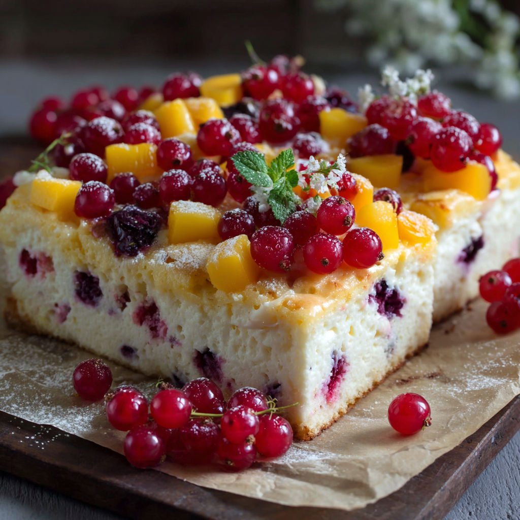 A slice of cake with fruit on top.