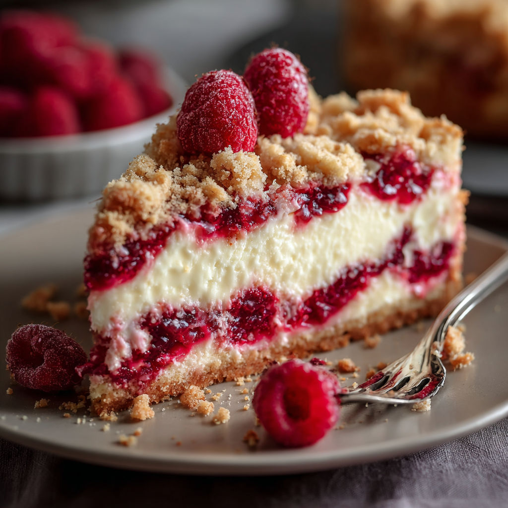 A slice of raspberry cheesecake with crumbles on top.