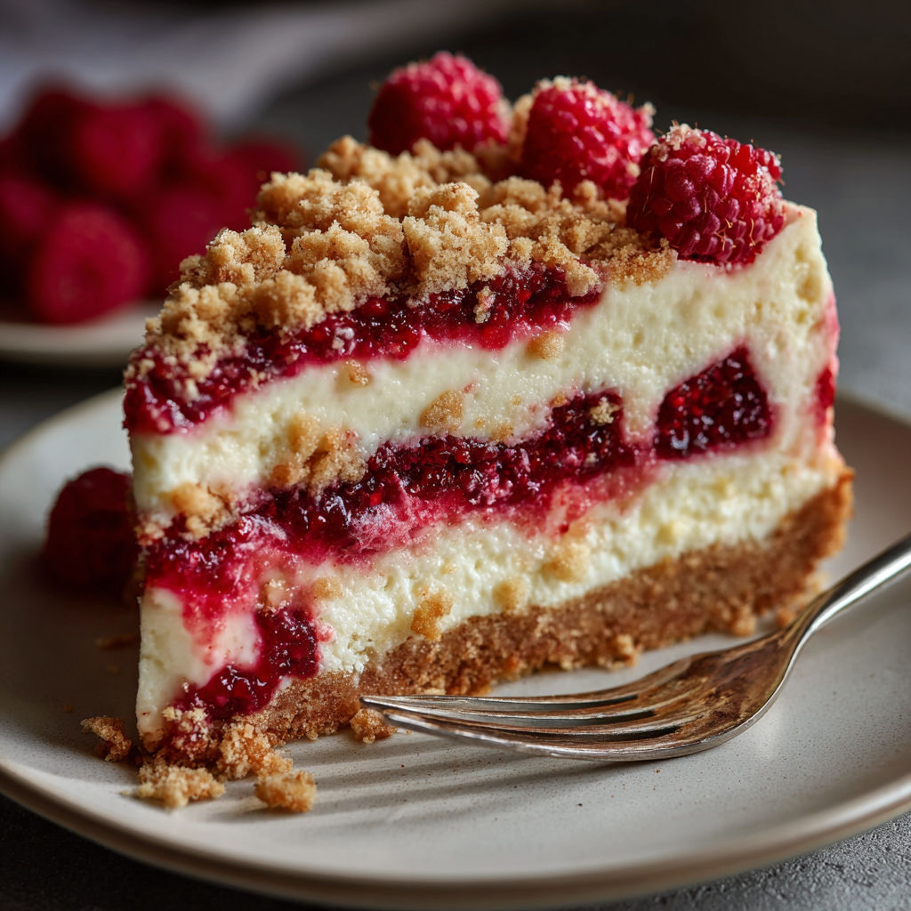 A slice of raspberry cheesecake with crumbs on top.