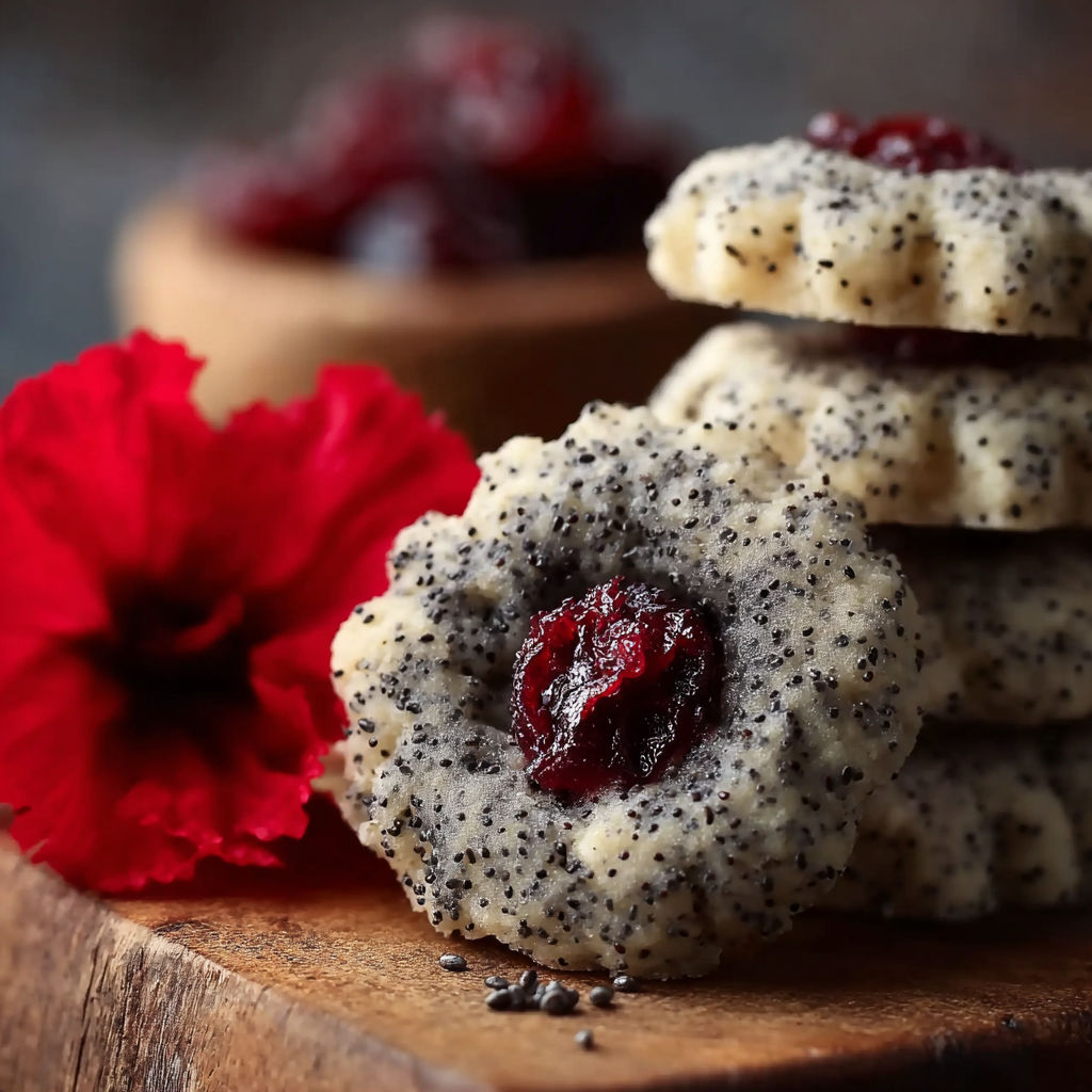A stack of cookies with a red jelly filling.