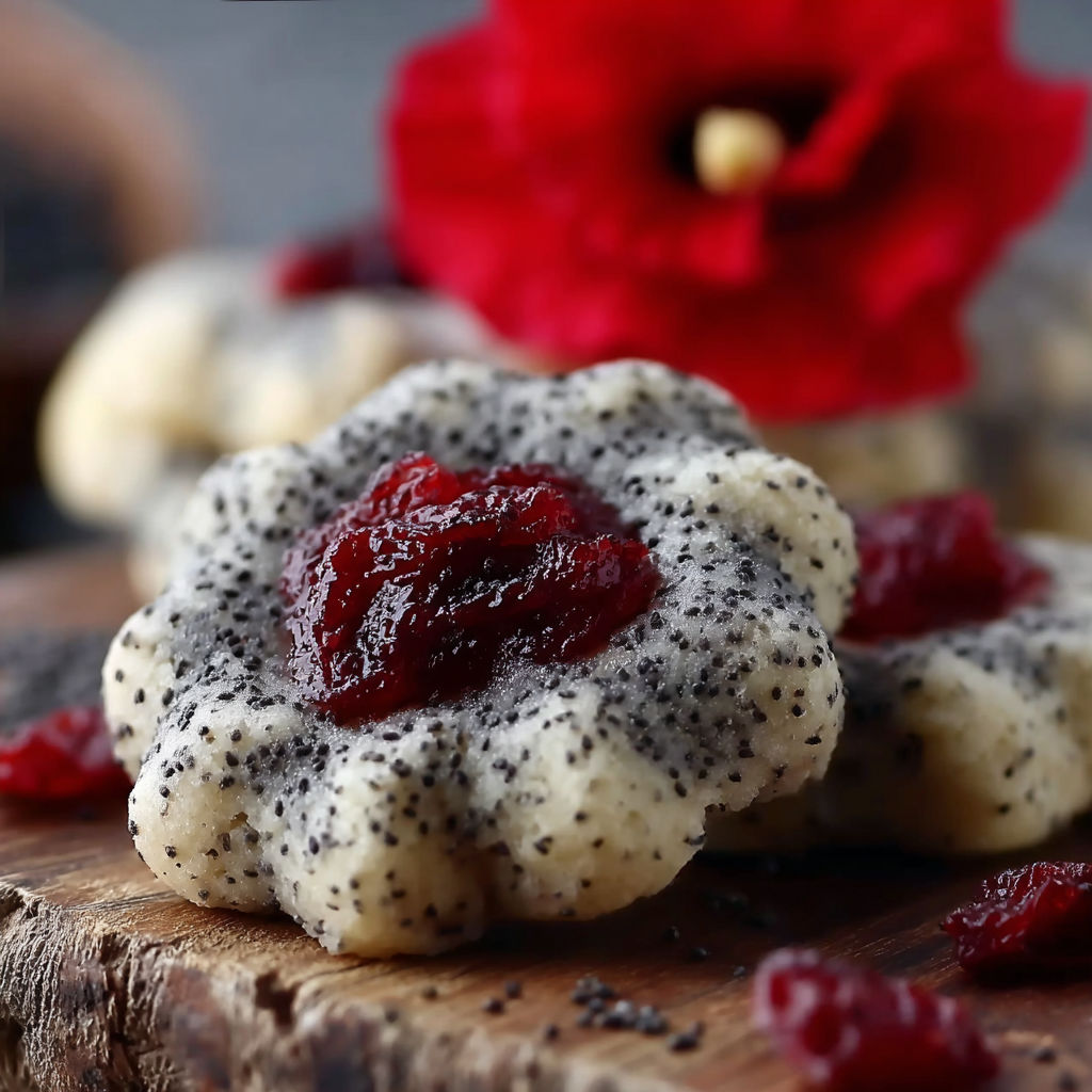 A cookie with a red jelly filling.