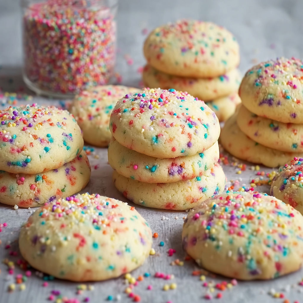 A stack of colorful sprinkle cookies.