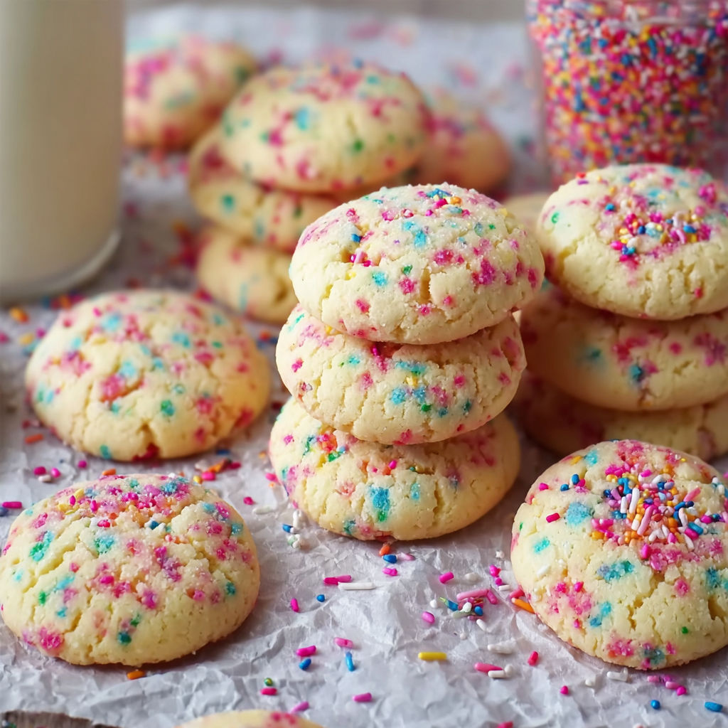 A stack of colorful cookies with sprinkles.
