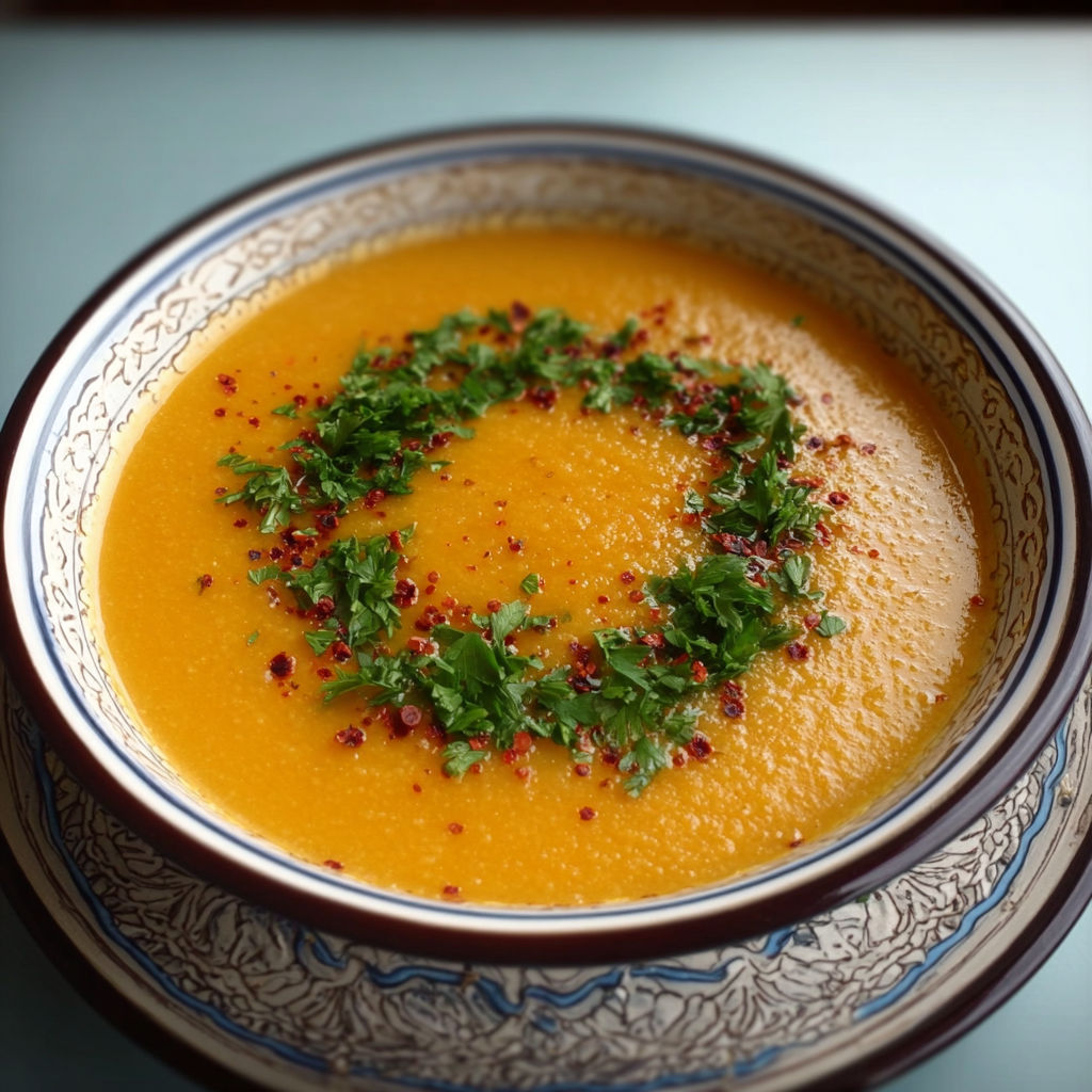A bowl of soup with a green garnish.