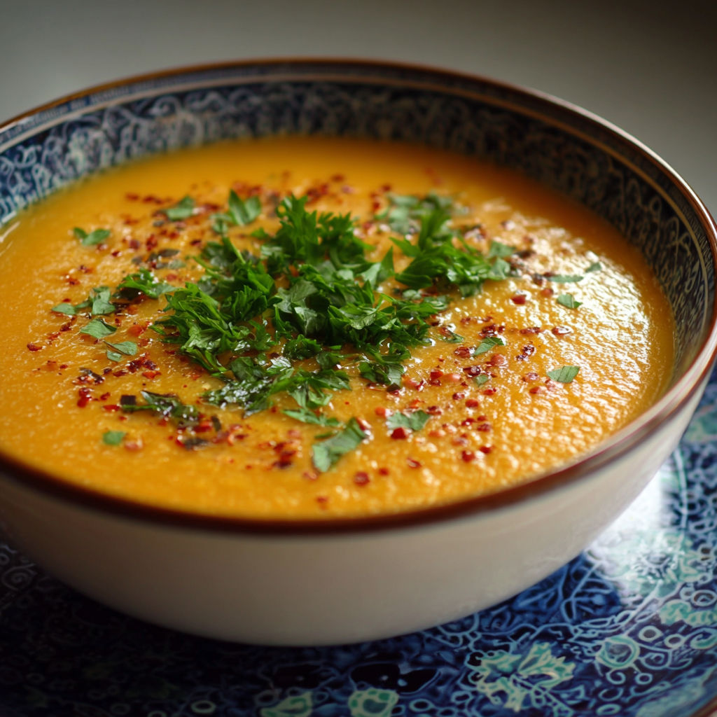 A bowl of soup with a green garnish.