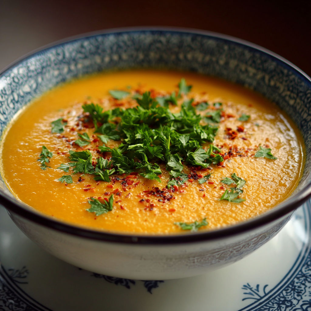 A bowl of soup with a green garnish.
