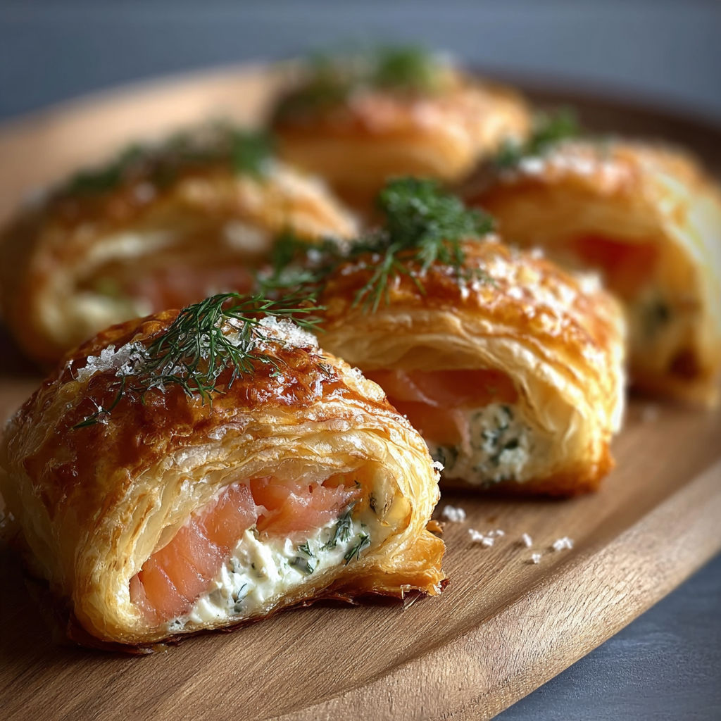 A plate of food with a pastry and a salmon roll.