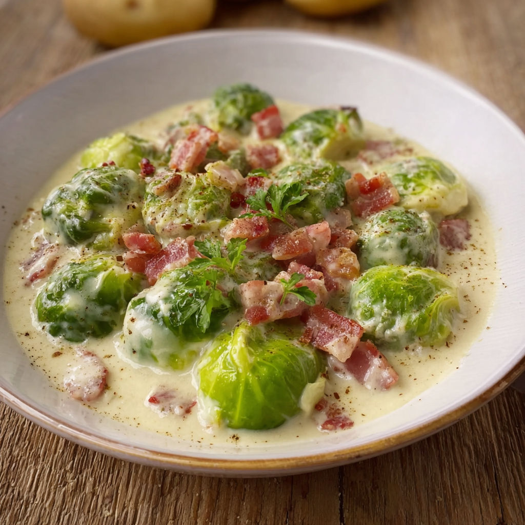 A bowl of food with a creamy sauce and bacon.
