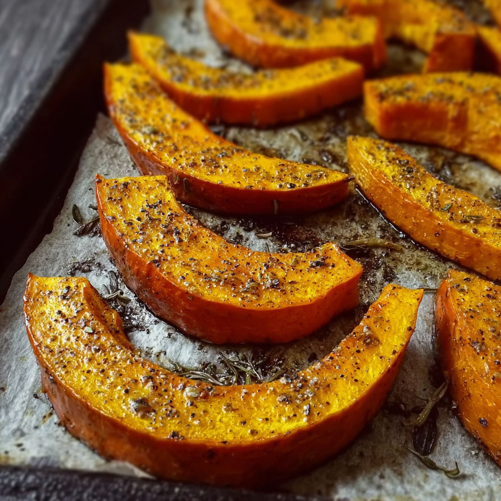 A tray of roasted pumpkin slices.