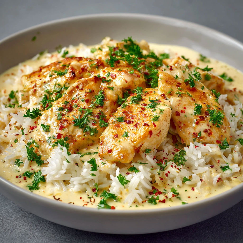 A bowl of rice with chicken and spices.