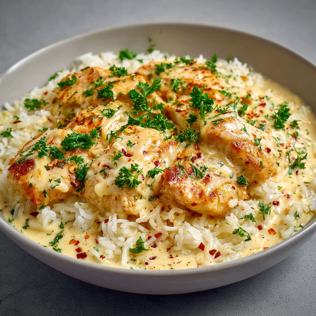 A bowl of rice with chicken and herbs.