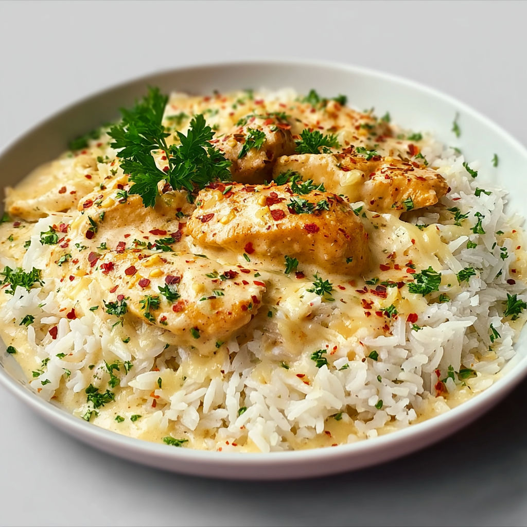 A white bowl filled with rice and chicken.