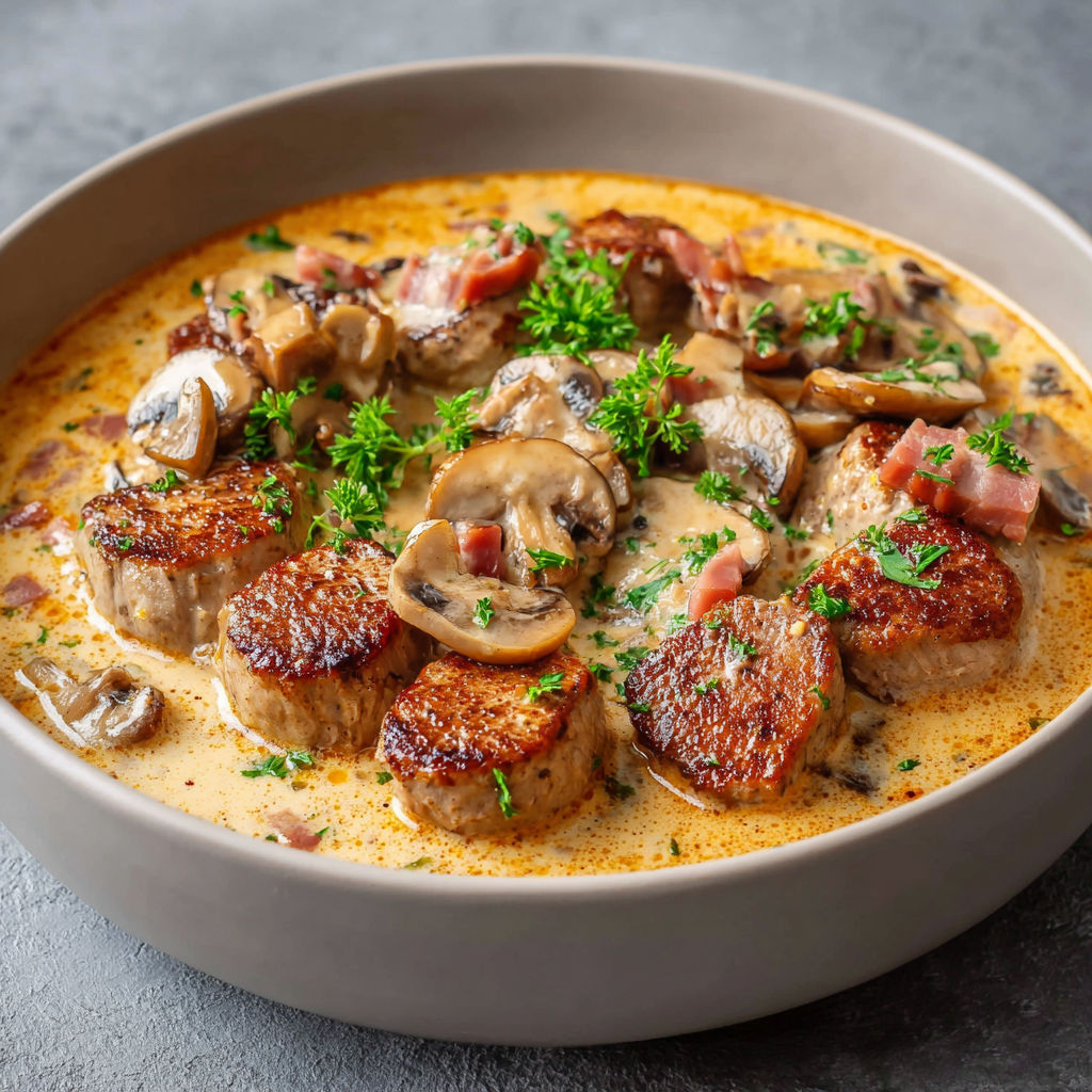 A bowl of soup with mushrooms and meat.