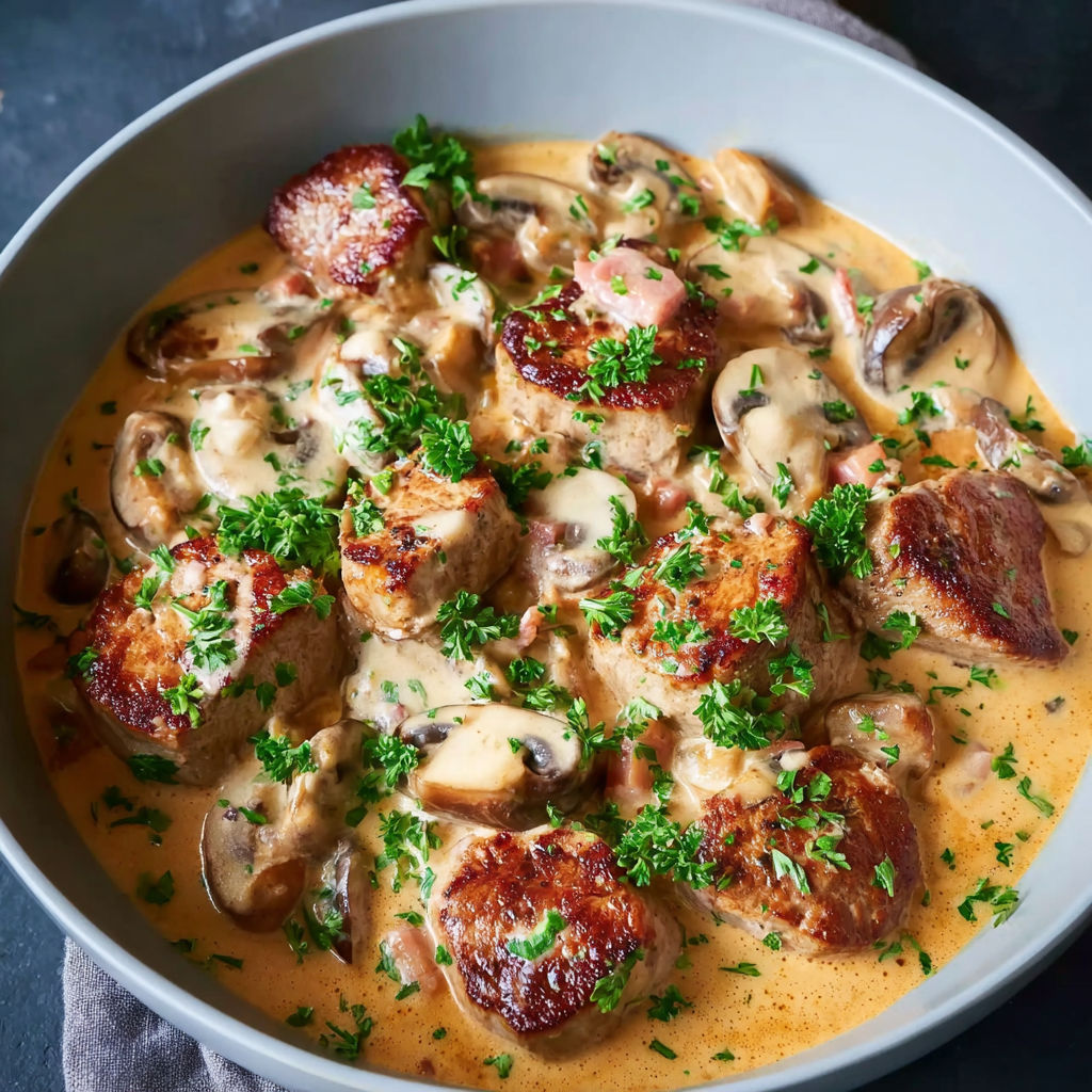A bowl of meat and mushrooms.