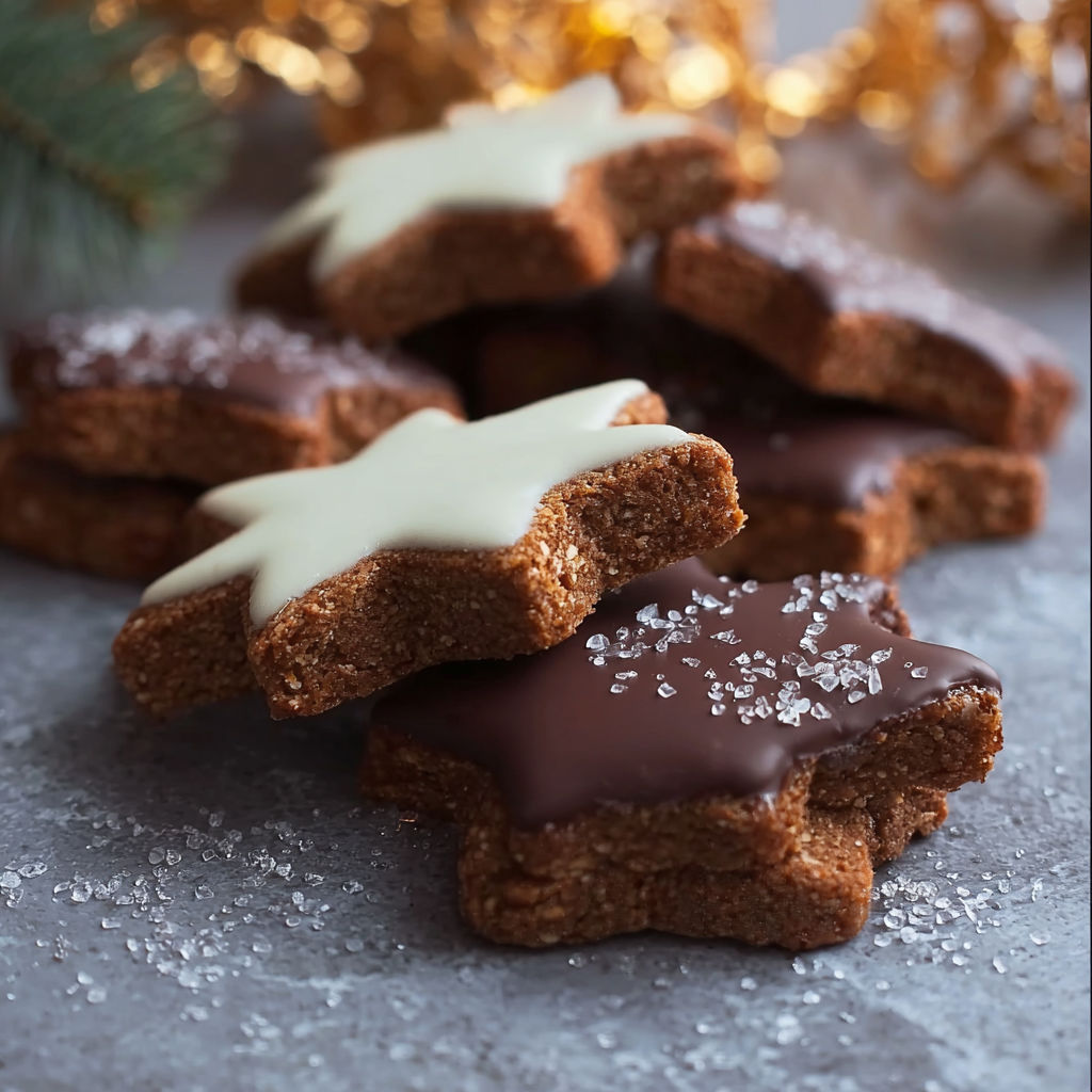 A close up of chocolate and white star cookies.