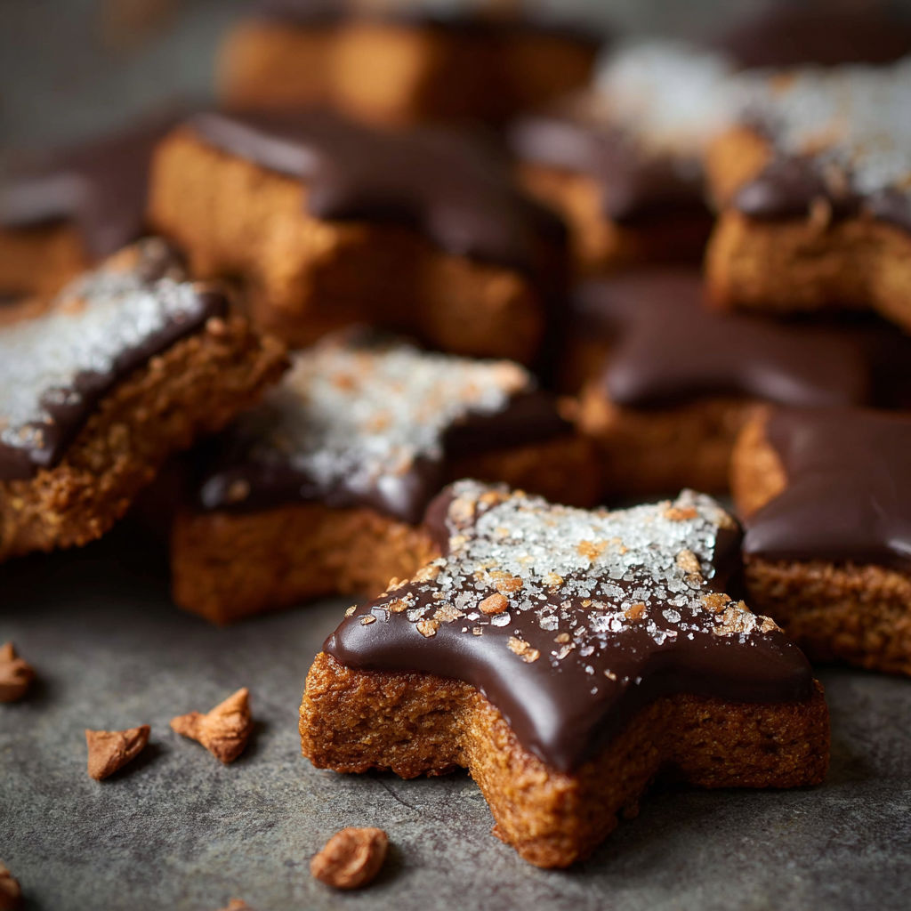 Chocolate covered cookies with white star sprinkles.
