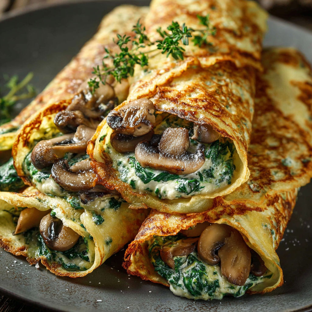 A plate of food with a crepe and mushrooms.