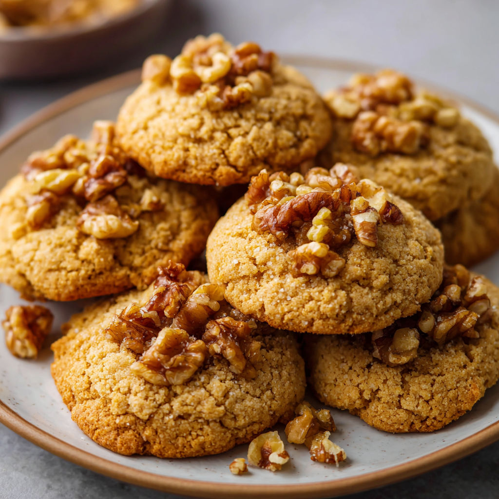 A plate of cookies with walnuts on top.