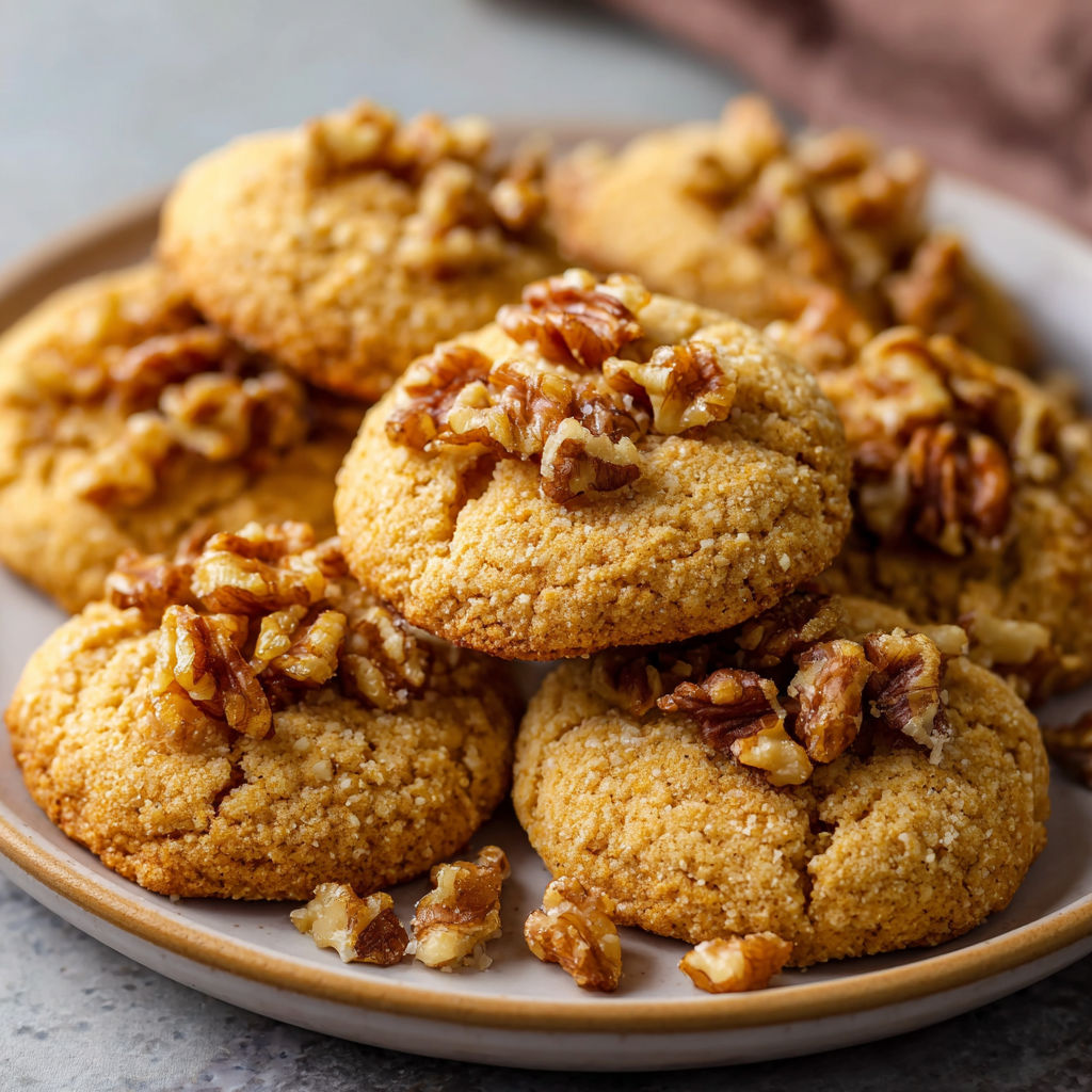 A plate of cookies with walnuts on top.
