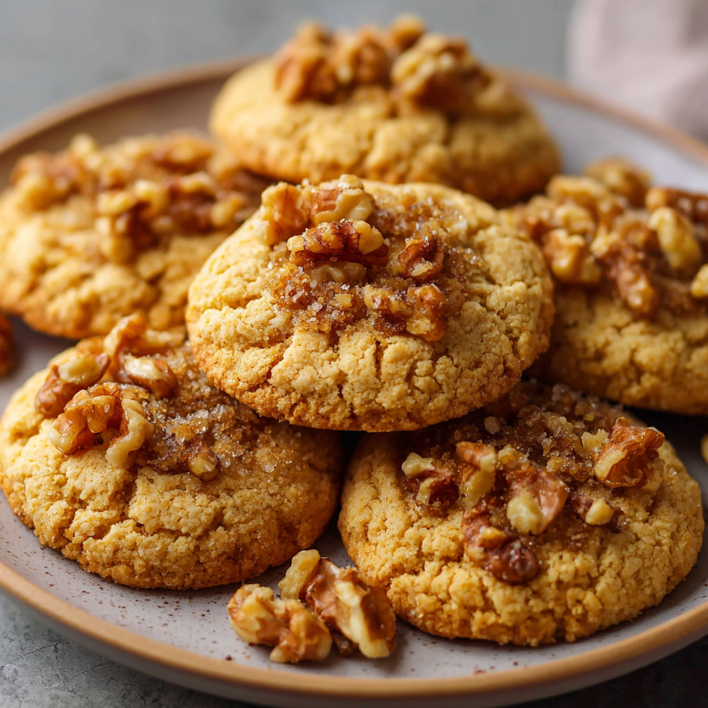A plate of cookies with walnuts.