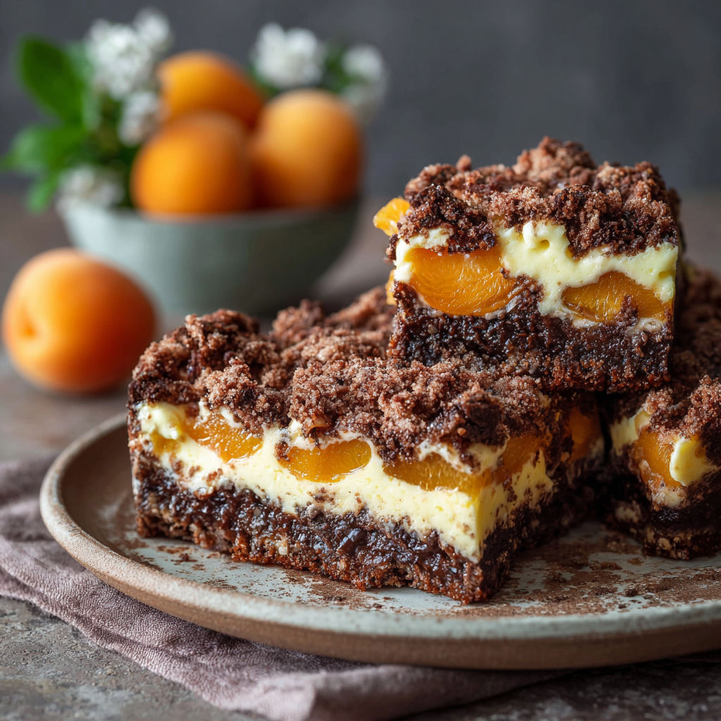 A plate of chocolate and peach cake.