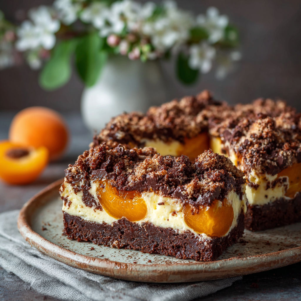 A slice of chocolate cake with peaches on top.