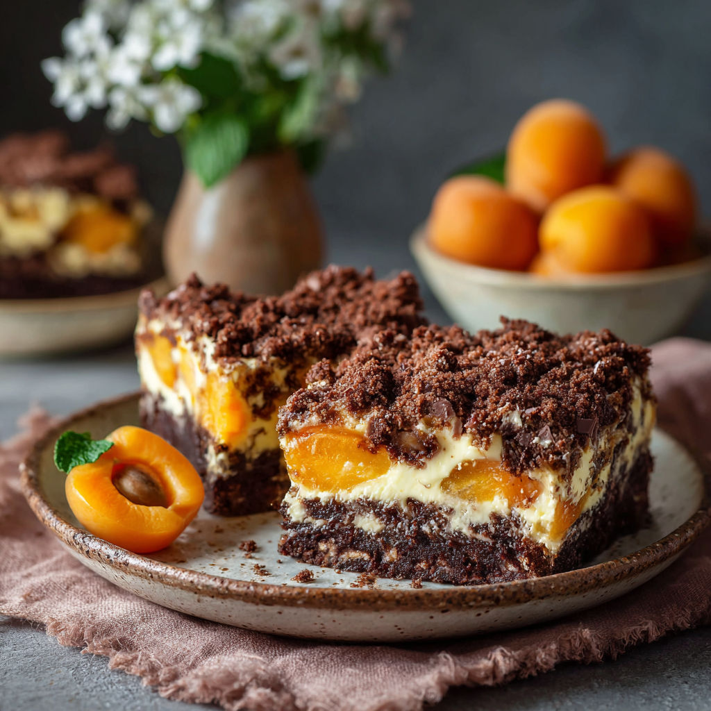 A slice of chocolate cake with peaches on top.