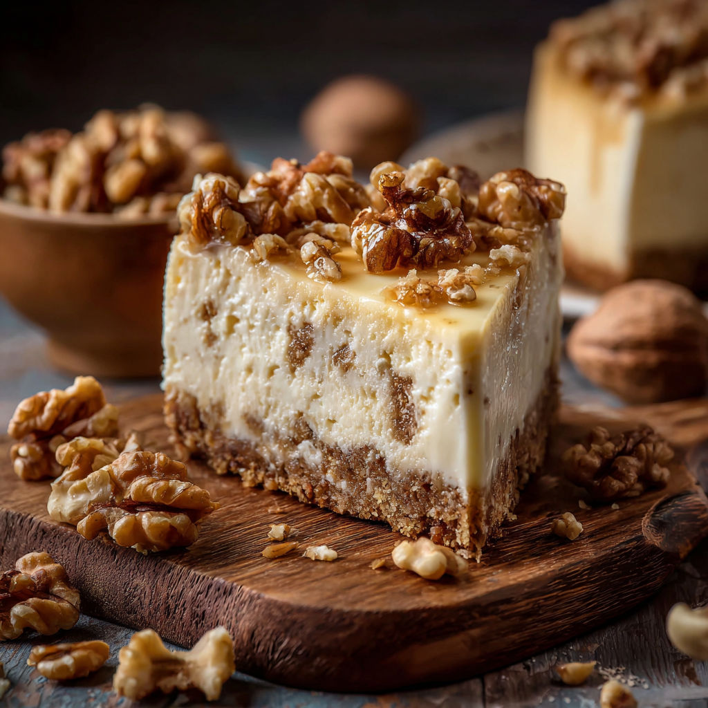 A slice of Friss-dich-dumm-Kuchen with walnuts on a wooden cutting board.