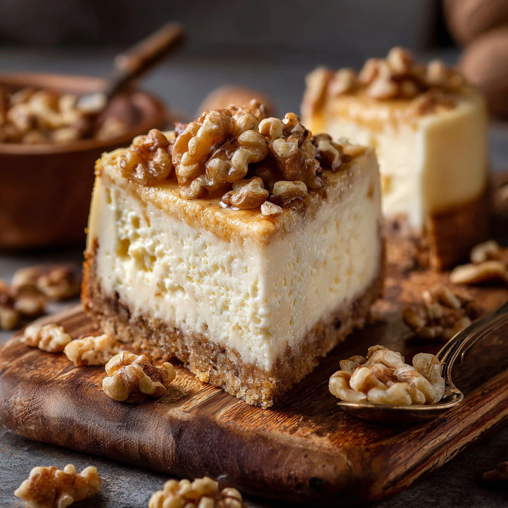 A slice of Friss-dich-dumm-Kuchen with walnuts on top.