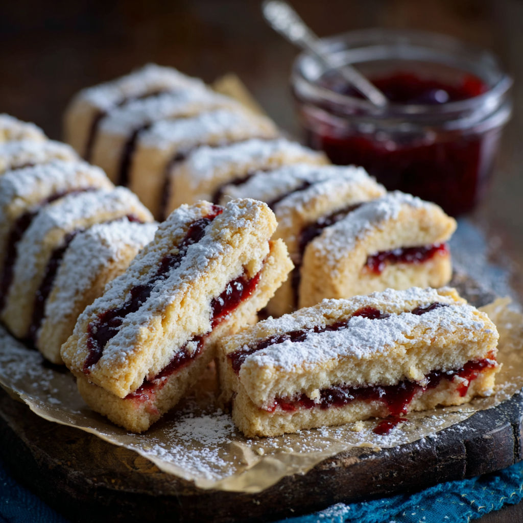 A plate of pastries with powdered sugar and jelly.