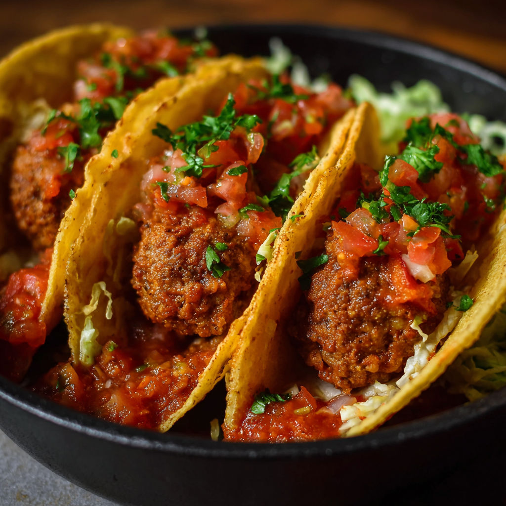 A bowl of food with two tacos and meatballs.