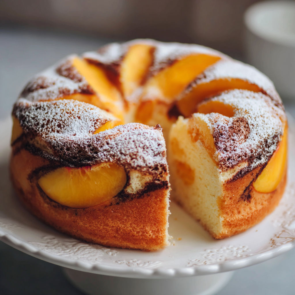 A slice of peach cake with chocolate.