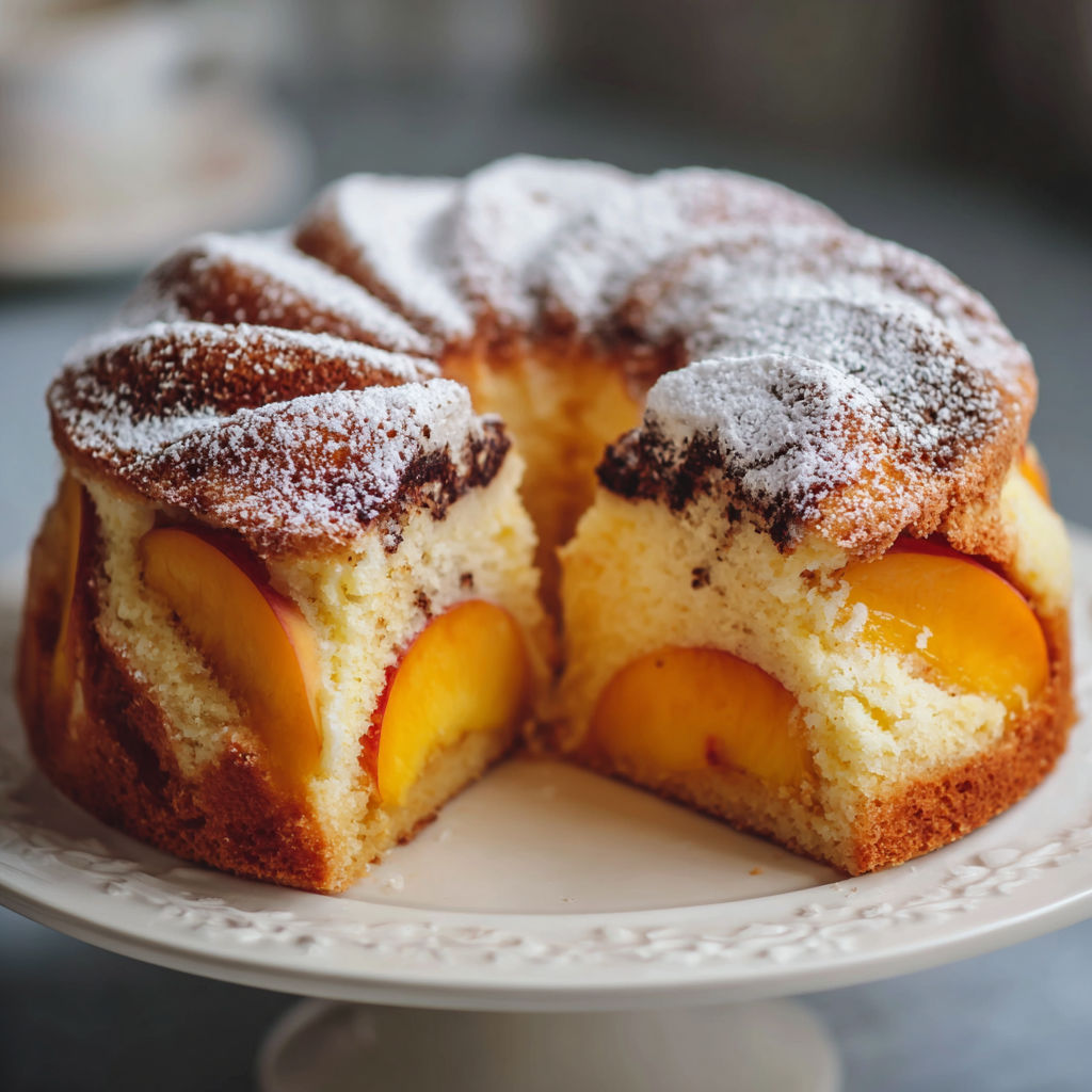 A slice of peach cake with chocolate on a plate.