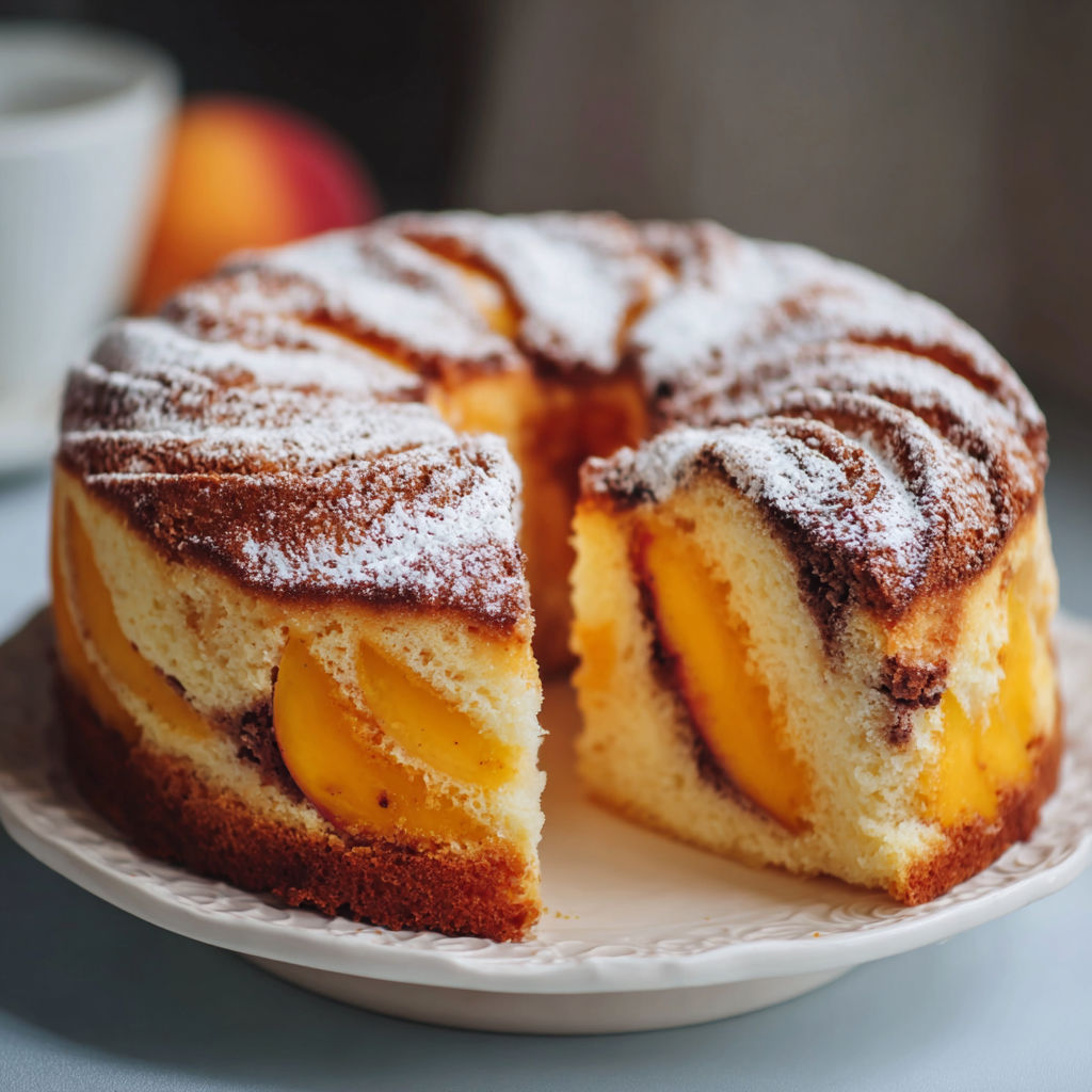A slice of pfirsichkuchen with chocolate on a plate.