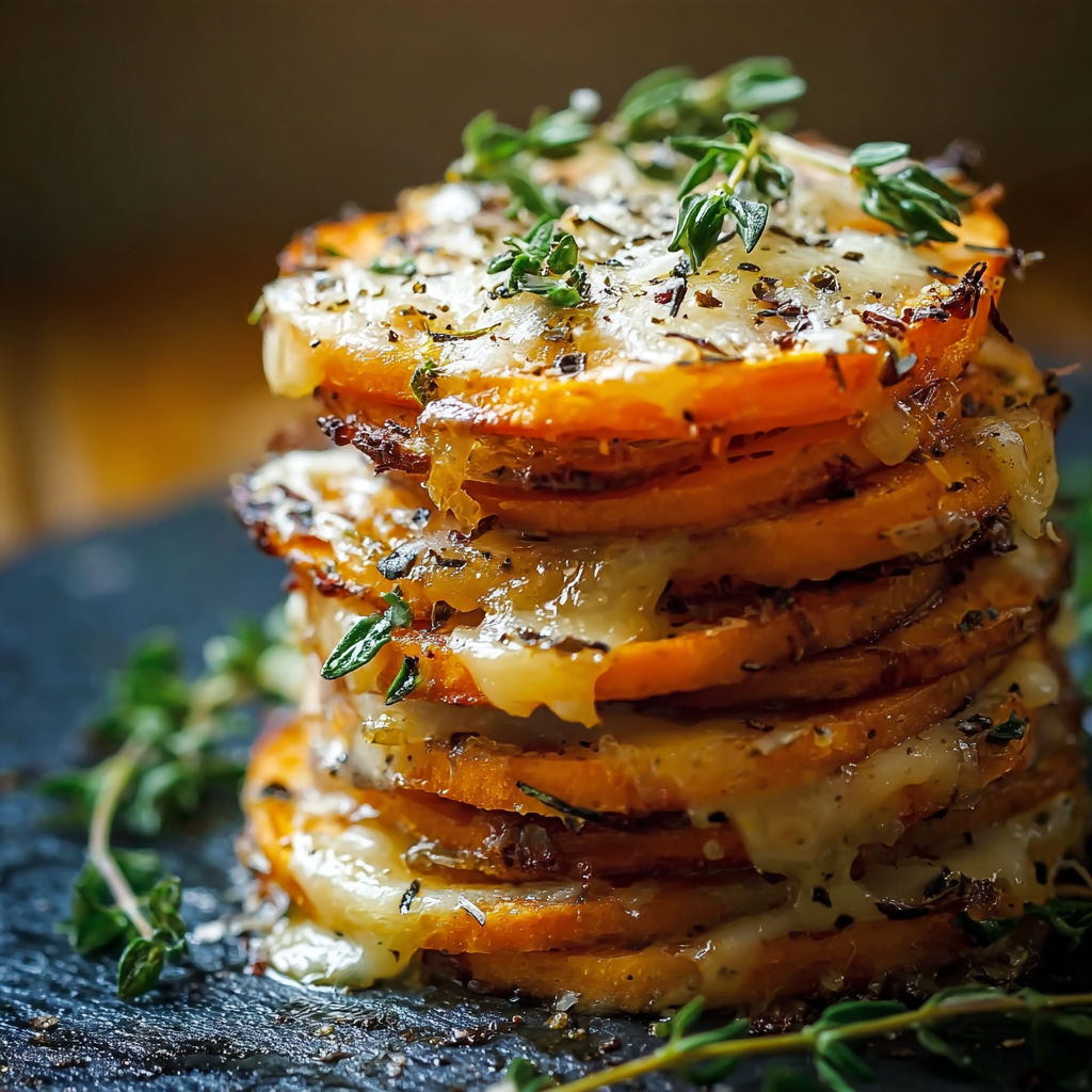 Stacks of sweet potatoes with cheese on top.