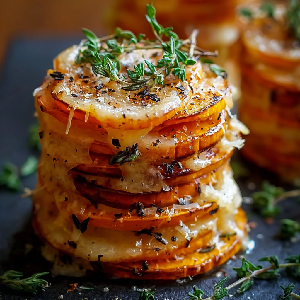 A stack of food with a sprig of parsley on top.