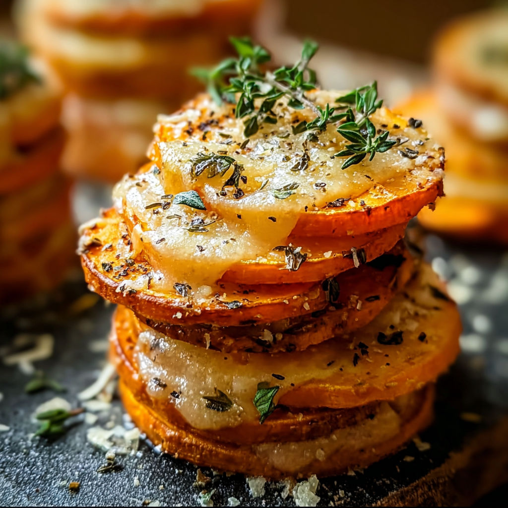 A stack of food with a sprig of parsley on top.