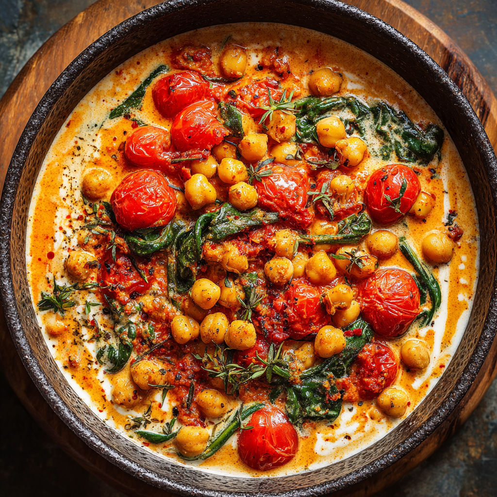 A bowl of food with tomatoes, chickpeas, and greens.