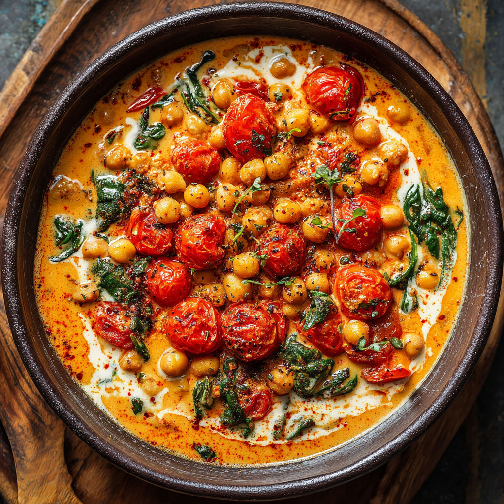 A bowl of food with tomatoes and chickpeas.