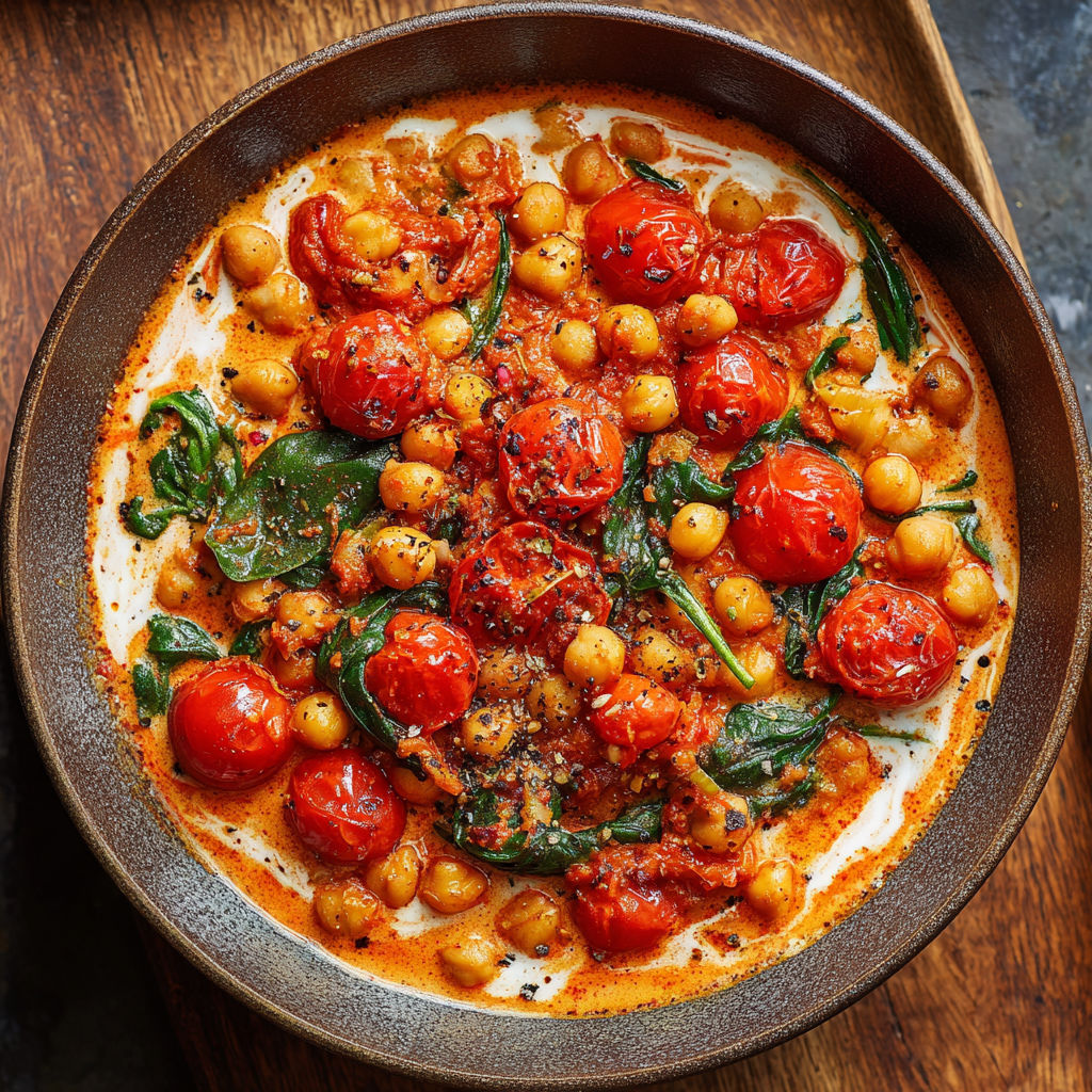A bowl of food with tomatoes, chickpeas, and spinach.