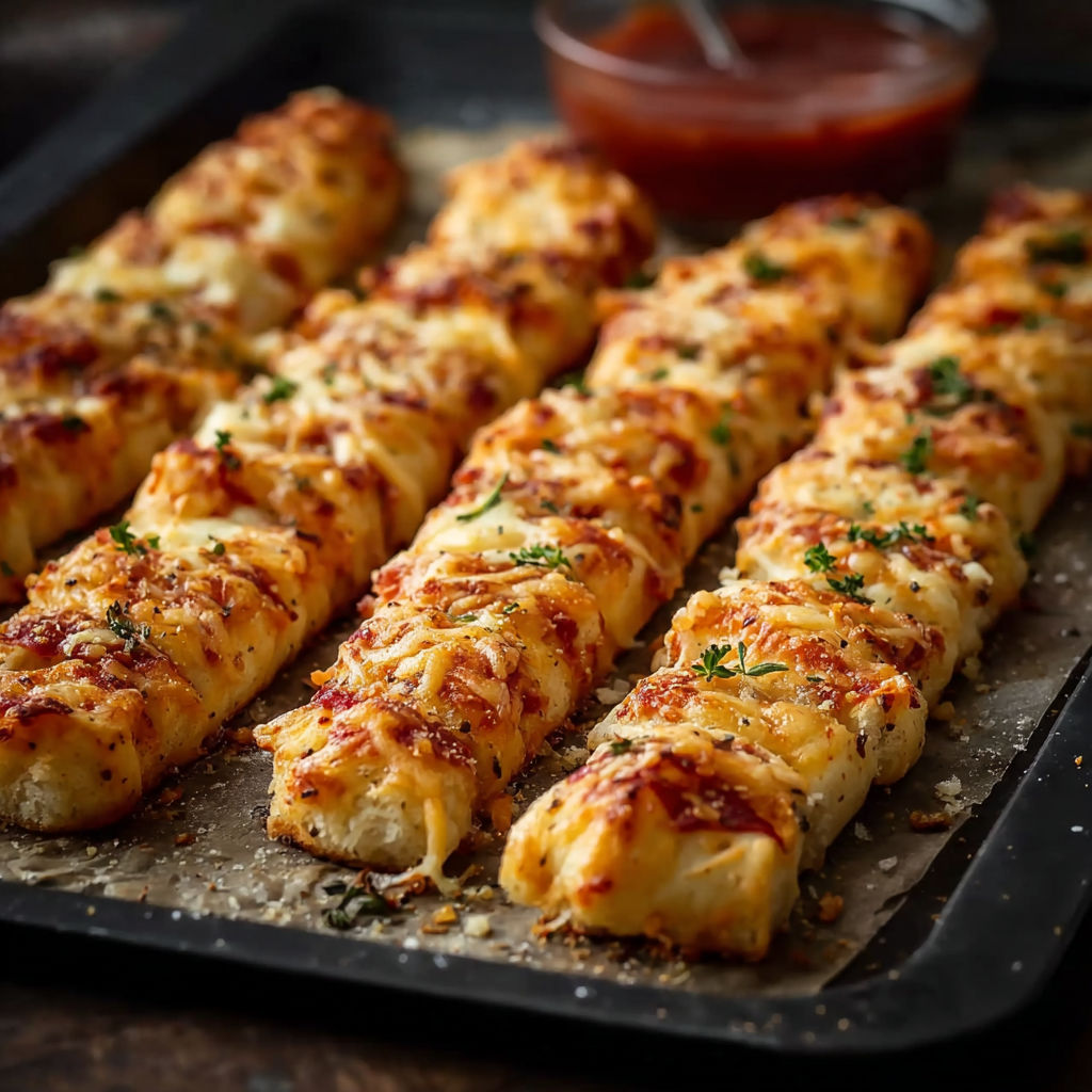 A tray of cheese sticks with a bowl of dipping sauce.