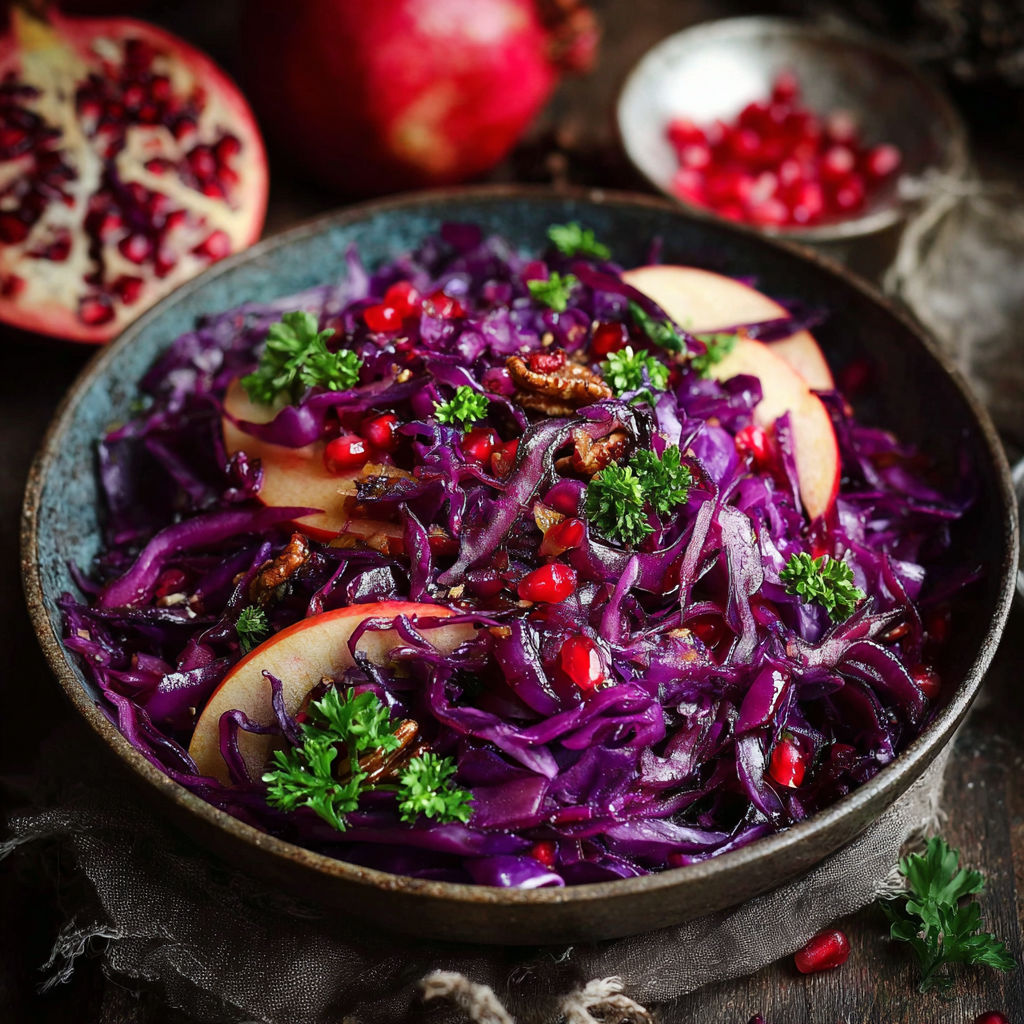A bowl of food with red cabbage and apples.